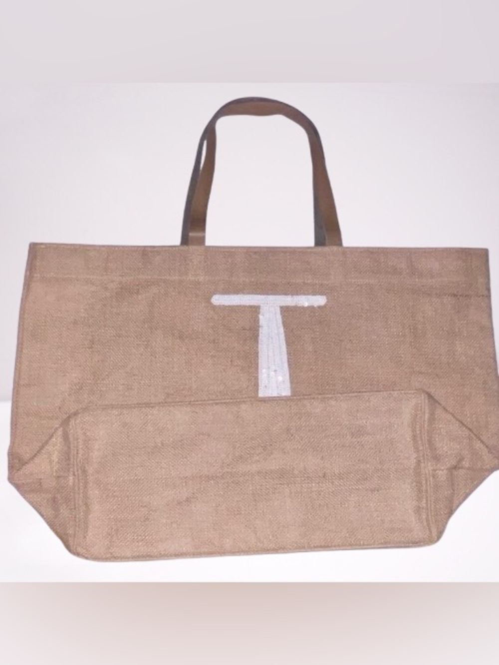 Mud Pie | Large Sequined Monogram Tote | “T” | Unisex | Tan/White | NWOT
